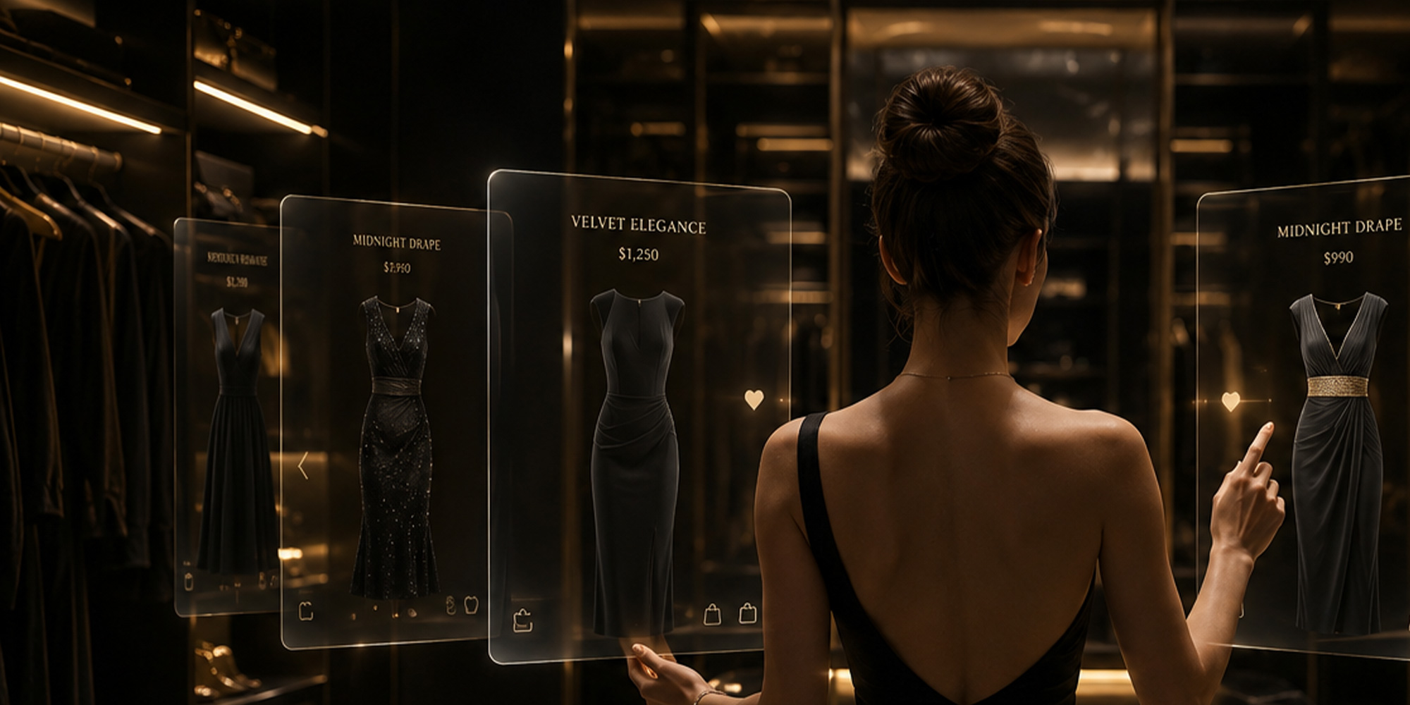 Woman faces holographic dress panels displaying black gowns with prices in a luxe boutique.