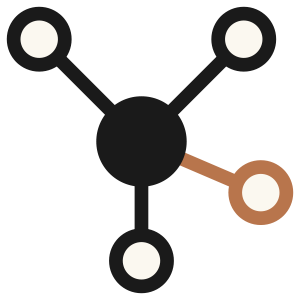 Network diagram with a central black node connected to four white-outlined nodes; the right-side connection is highlighted in brown.
