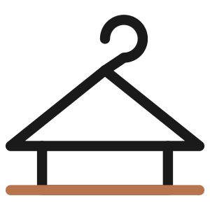 Black clothes hanger hanging from a horizontal bar over a brown base