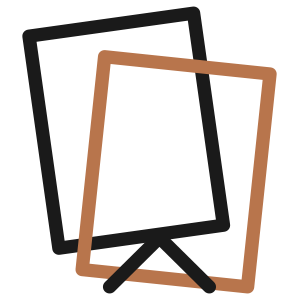 Two overlapping tilted photo frames, black and brown, resting on angled stands.