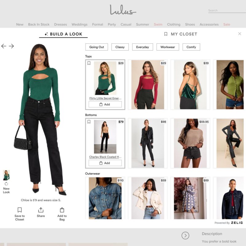 Lulus Build A Look powered by Zelig, mixing and matching tops, bottoms and outerwear into a complete outfit on a model