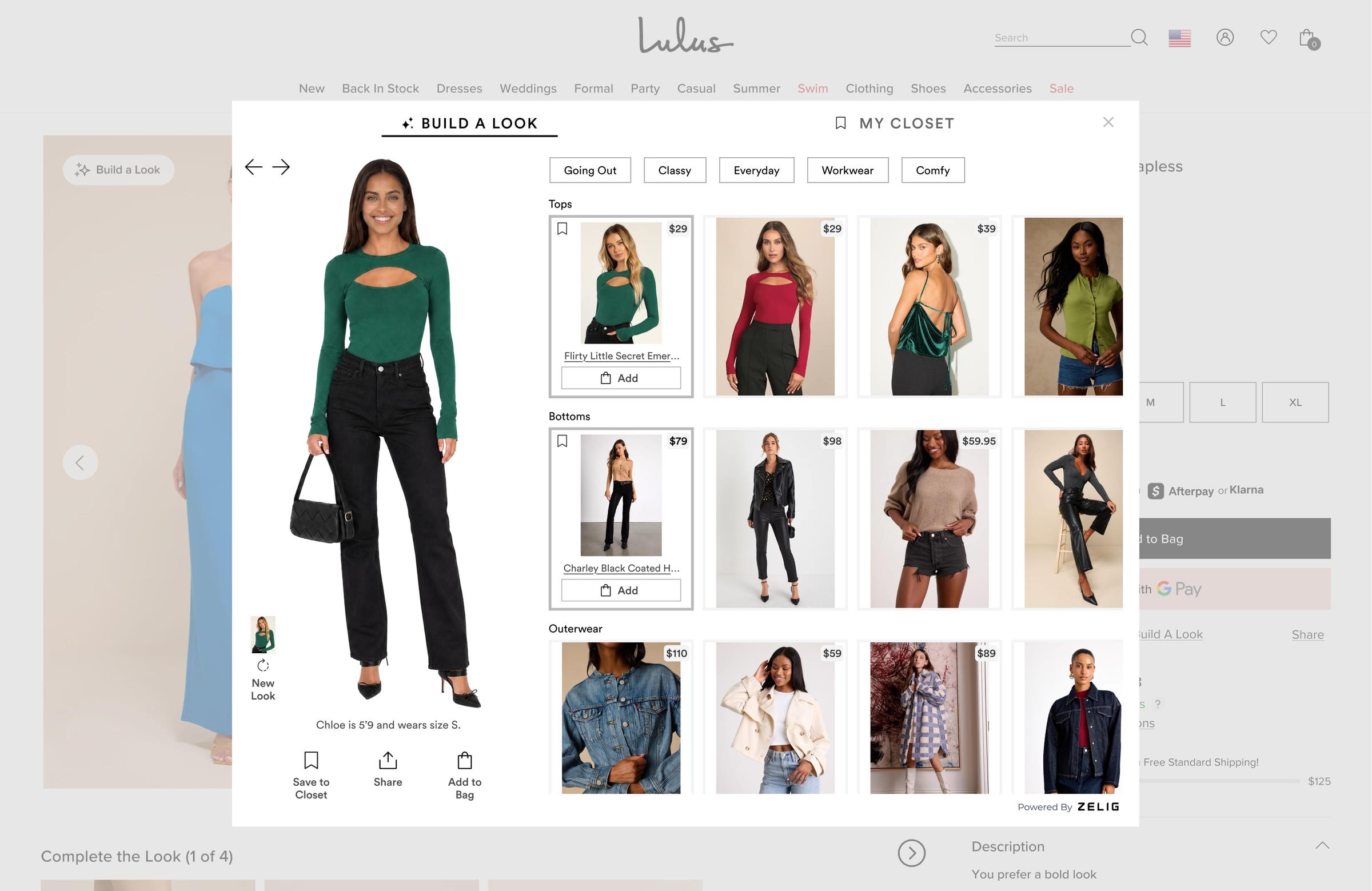 Lulus Build A Look powered by Zelig, mixing and matching tops, bottoms and outerwear into a complete outfit on a model