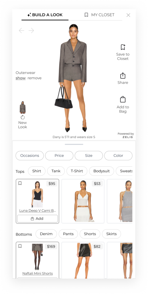Zelig Build A Look and Shoppable Closet running in REVOLVE's native mobile app