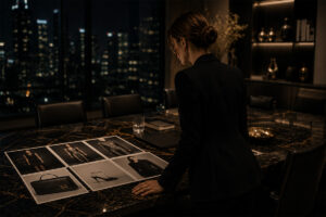 Woman At Desk Looking At Photos Of Outfits