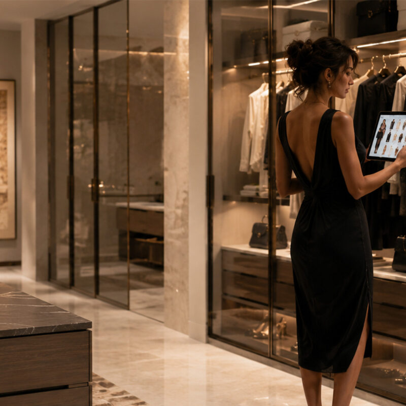 Woman Shopping On Tablet In Closet