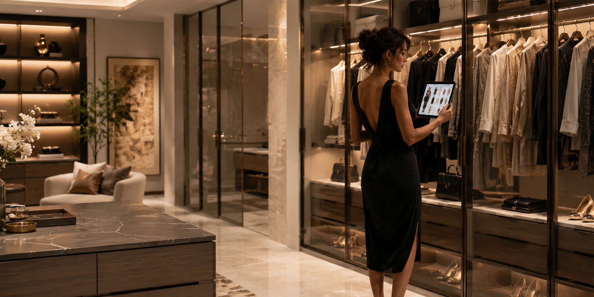 Woman Shopping On Tablet In Closet