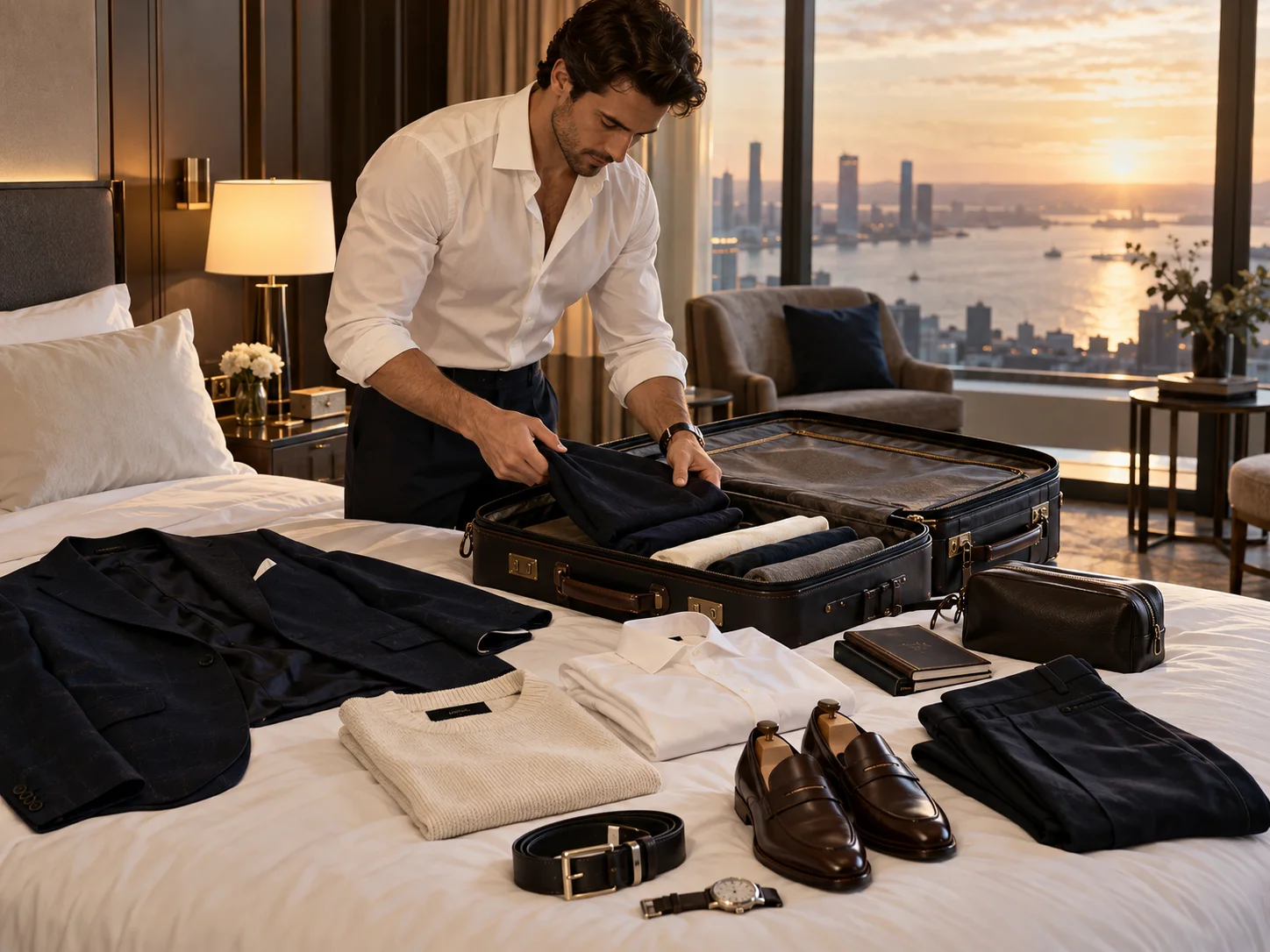 A complete outfit assembled together: jacket, knitwear, shirt, belt and shoes chosen as one look