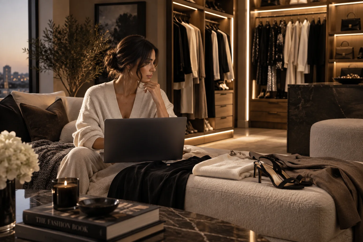 A shopper browses a fashion catalog on a laptop in front of her closet