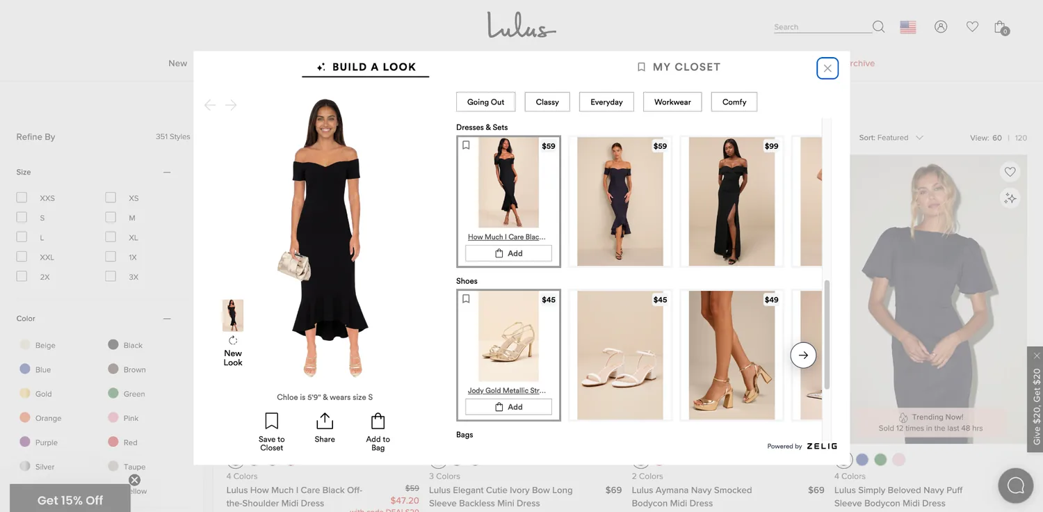 Build a Look on Lulus styling a black off-the-shoulder midi dress, with matching shoes and bags alongside