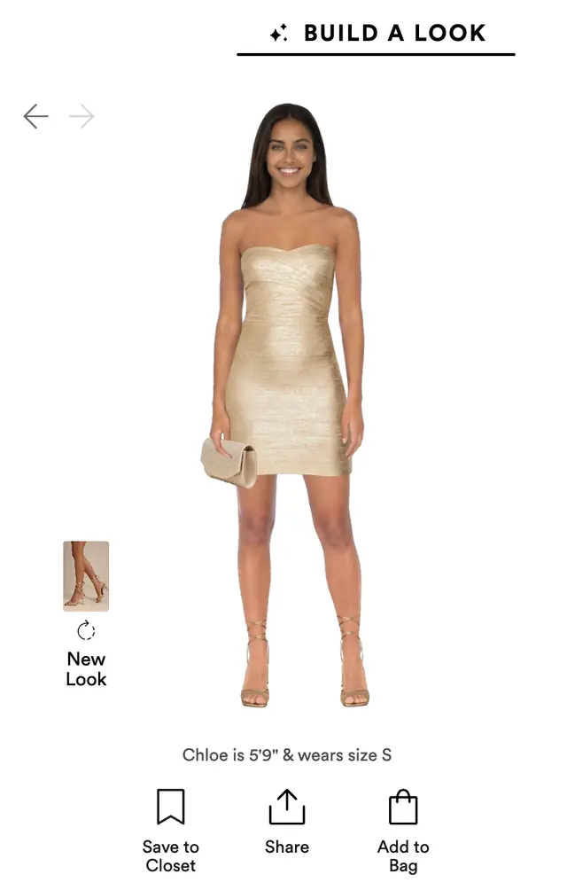 A gold strapless mini dress styled with a clutch and heels in Build a Look on Lulus