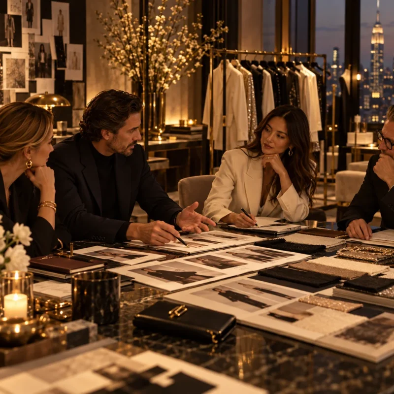 Retail leaders in discussion over lookbook prints and notes at a New York dinner, setting out their retail AI priorities