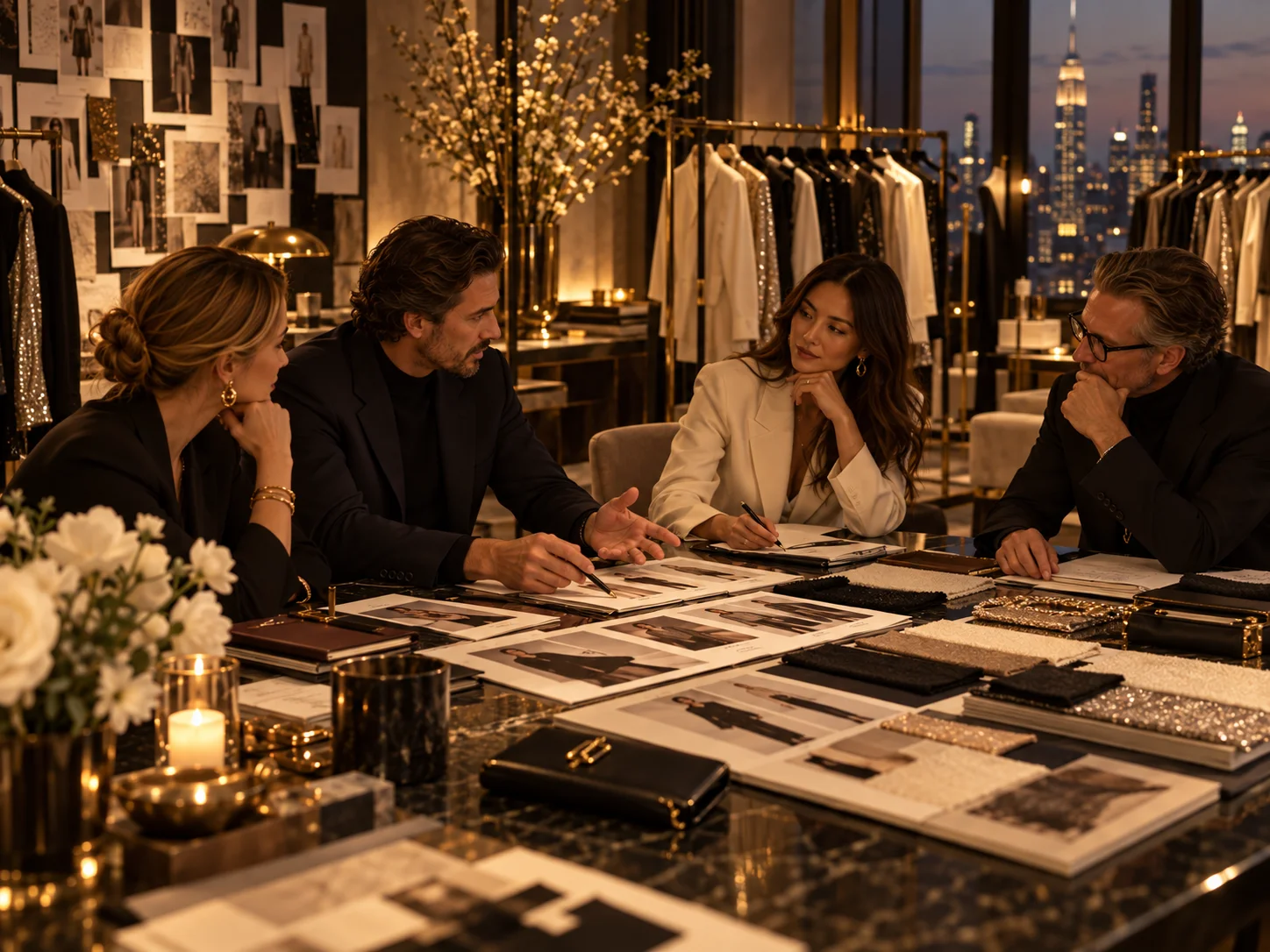 Retail leaders in discussion over lookbook prints and notes at a New York dinner, setting out their retail AI priorities