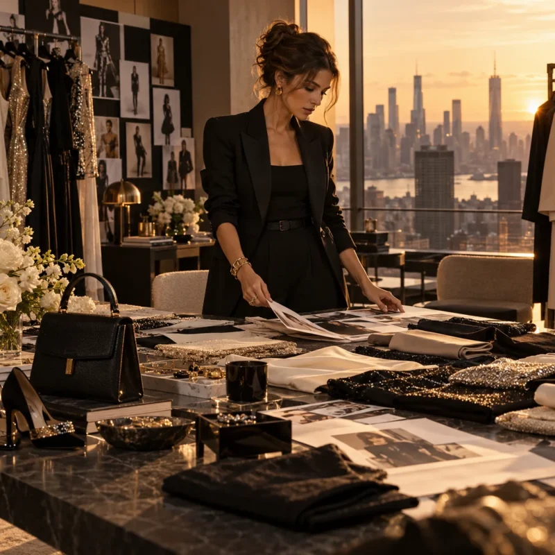 Pieces and lookbook prints laid out for review above the New York skyline, the raw material a digital closet draws on