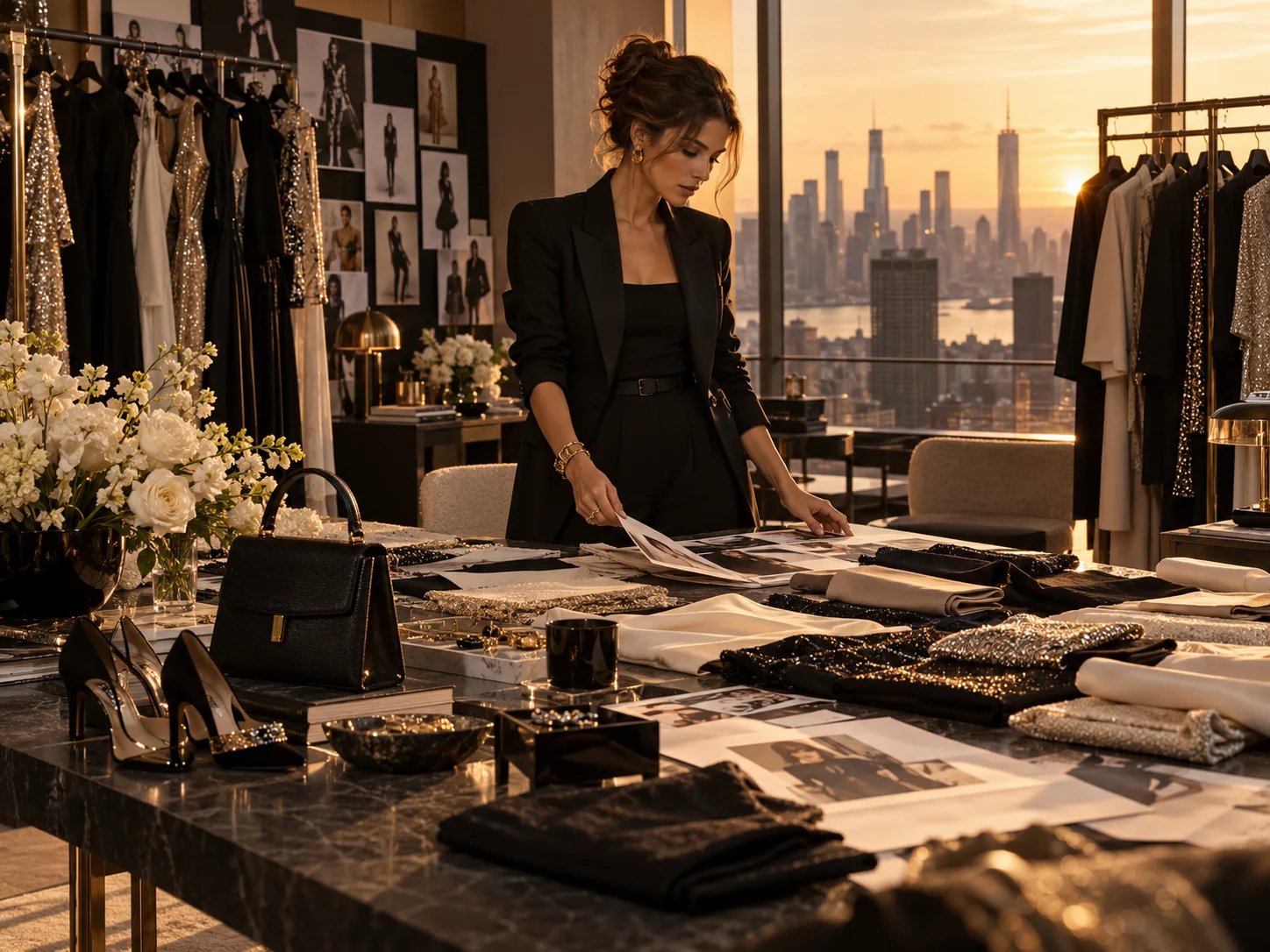 Pieces and lookbook prints laid out for review above the New York skyline, the raw material a digital closet draws on