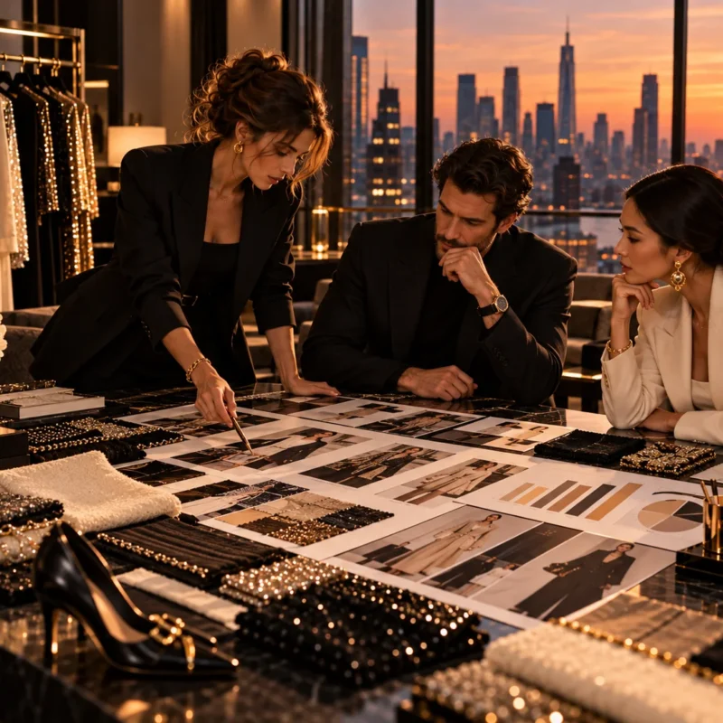 Three retail leaders reviewing a spread of data and prints at a table, the board conversation where fashion ecommerce conversion benchmarks get argued