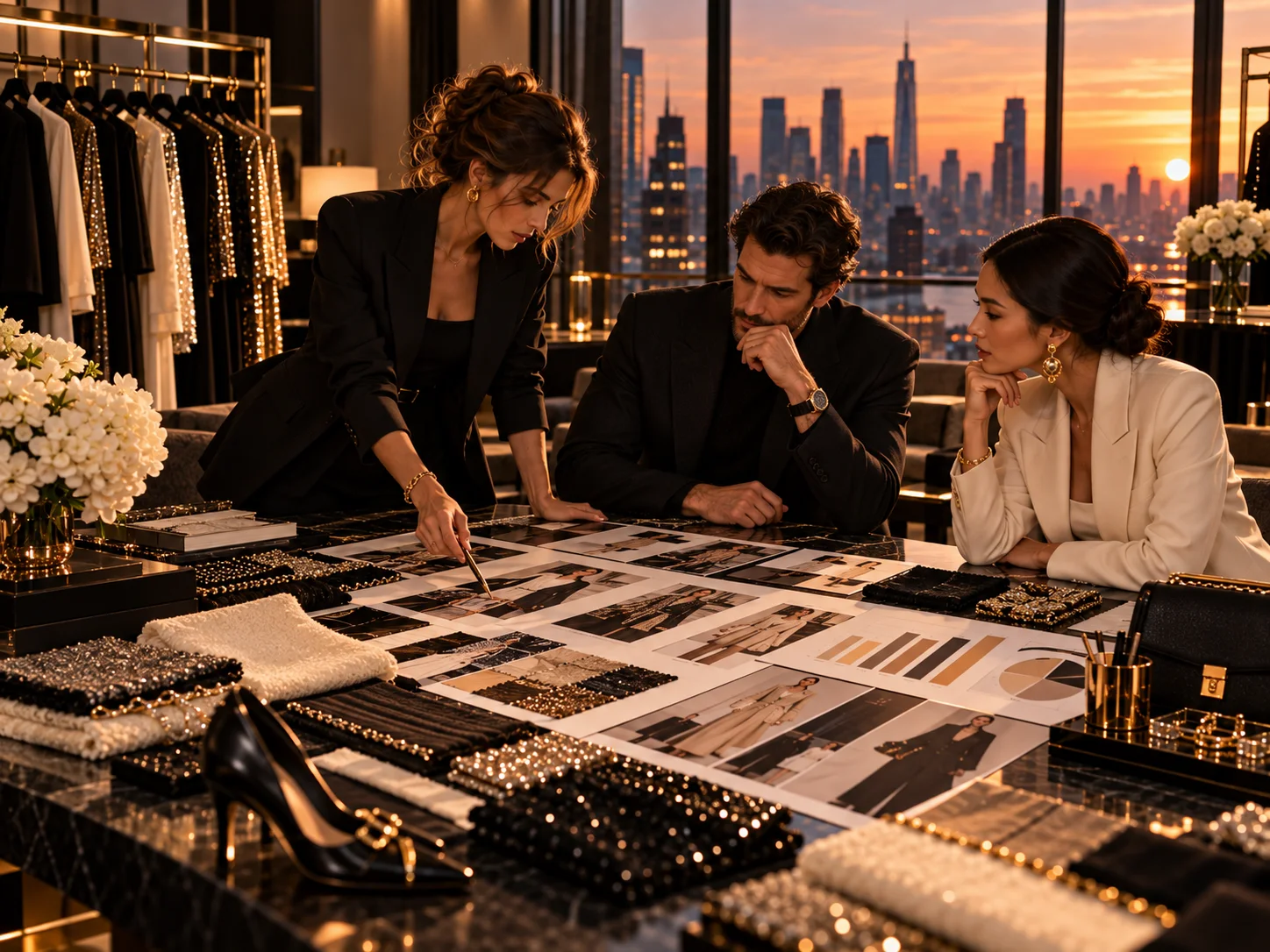 Three retail leaders reviewing a spread of data and prints at a table, the board conversation where fashion ecommerce conversion benchmarks get argued
