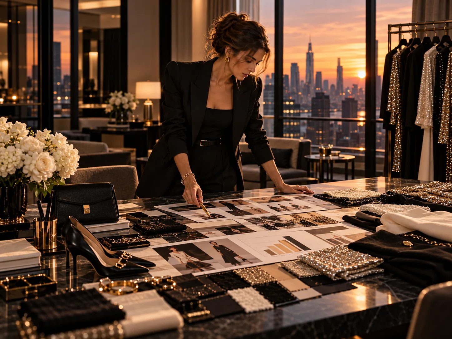A merchandiser reviews a long spread of prints and swatches, building a single read from the data