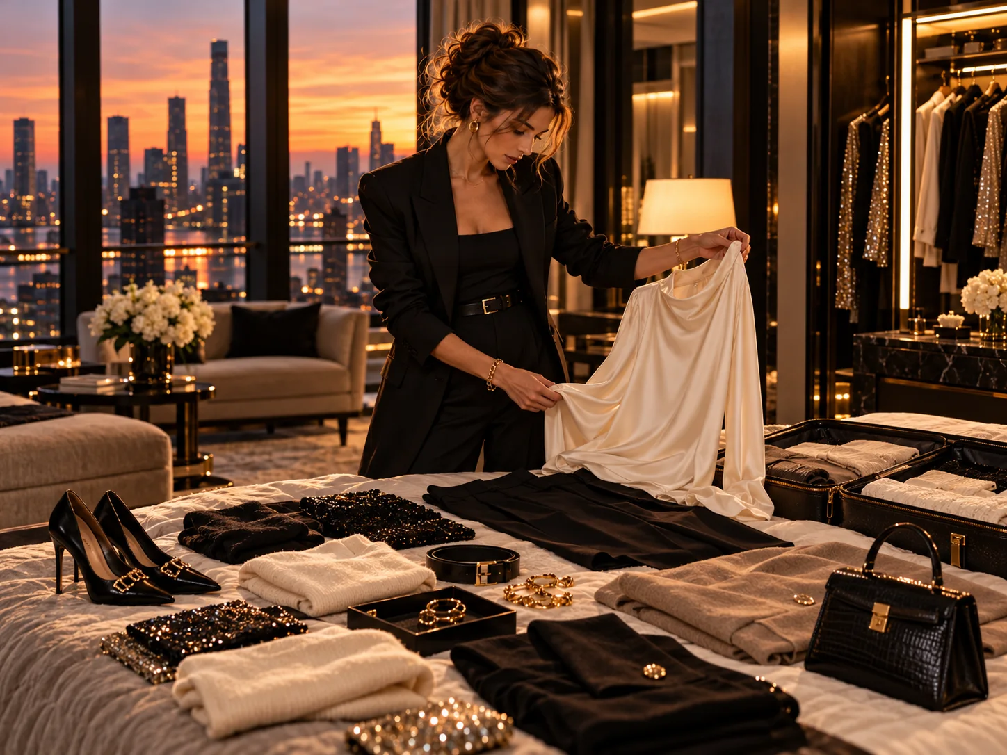 A shopper holds a cream garment above pieces laid out on a bed, weighing whether it works with what she has